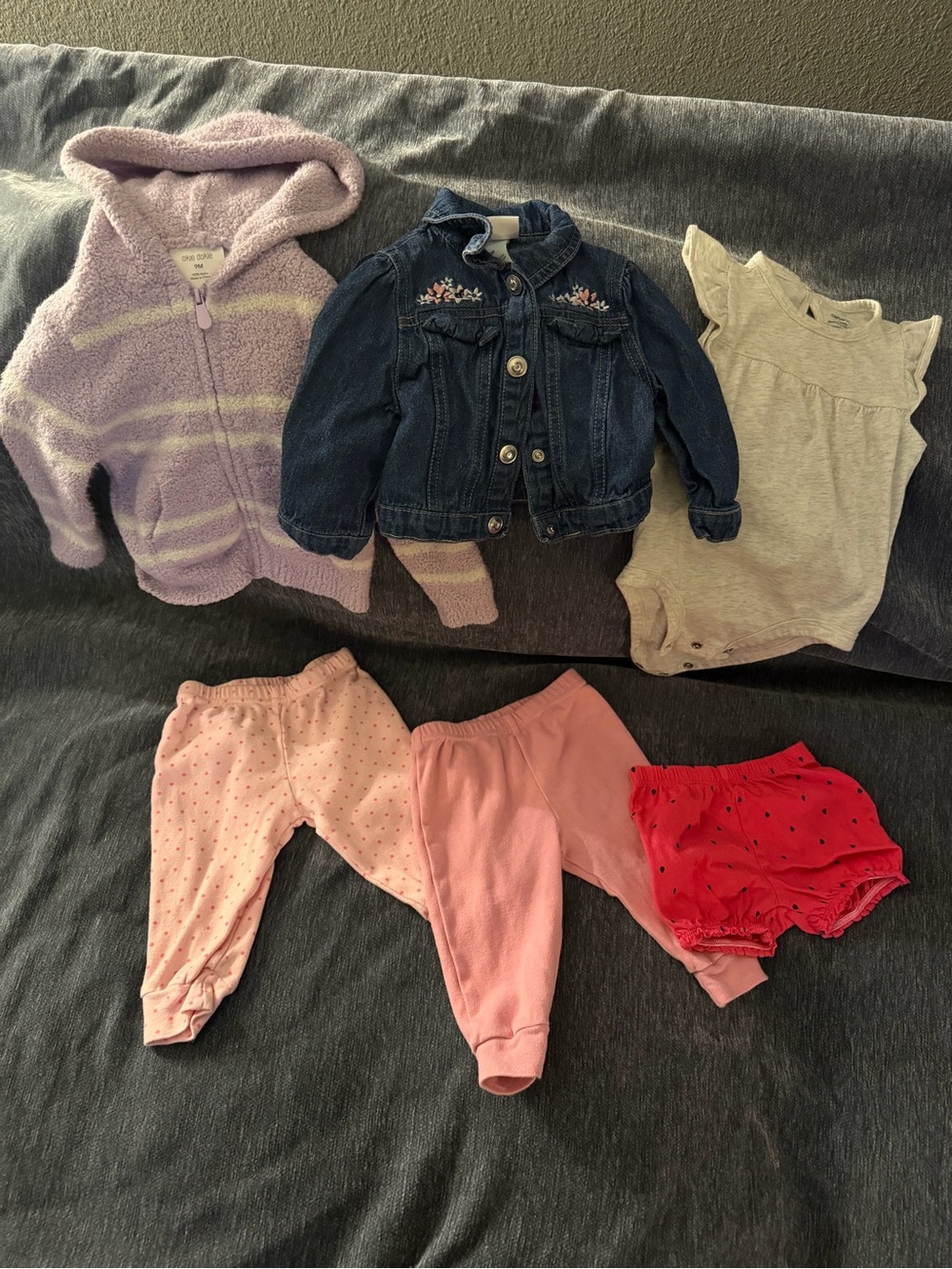 9 month Girl Clothing Lot - Purple, Denim, Gray, Pink, Red